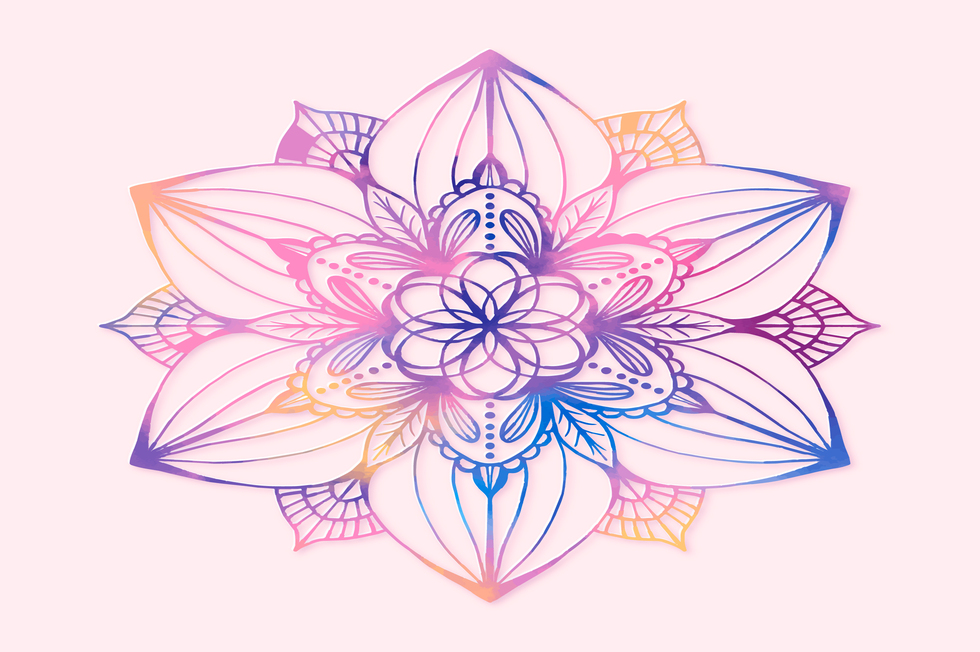 Símbolo de geometría sagrada tipo ‘Flor de la Vida’ en degradado rosa y azul.